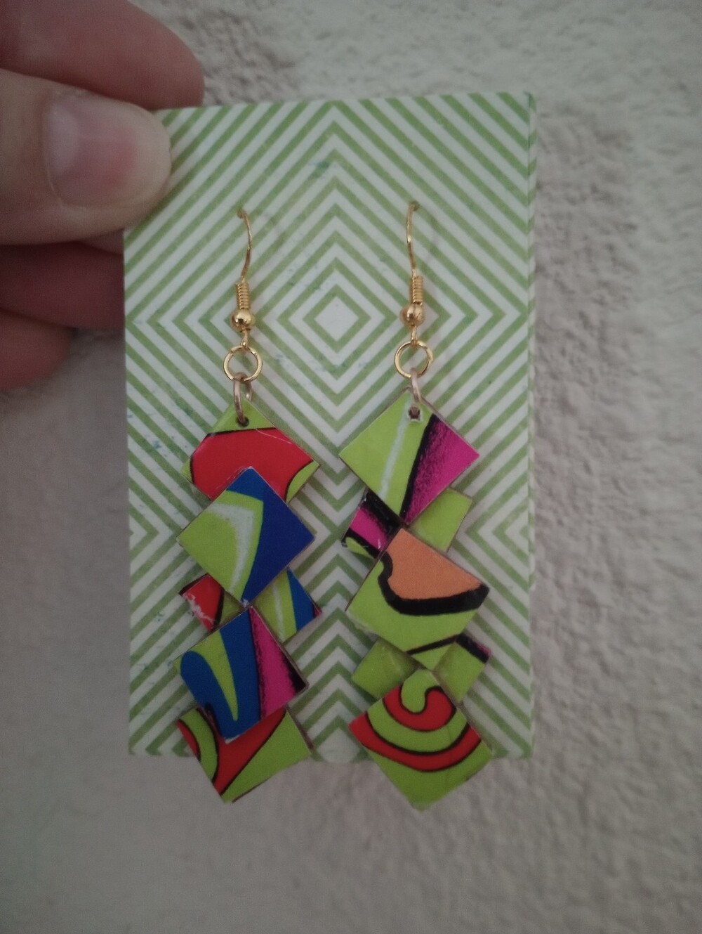 Handmade Multicolor Geometric Dangle Earrings - Green Accent. Unsolved Image.